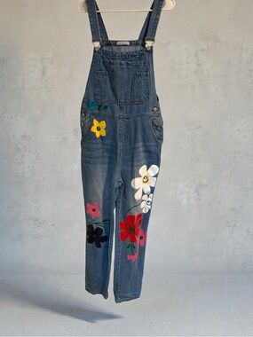 Mislook Denim Floral Overalls - Blue Women Jeans sz Large